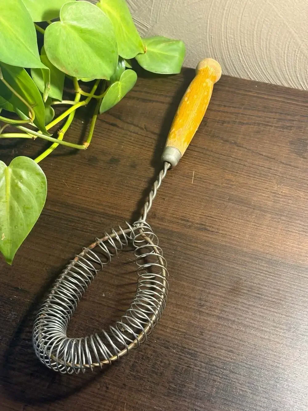 Vintage Wire Coil Egg Whisk with Turned Wooden Handle